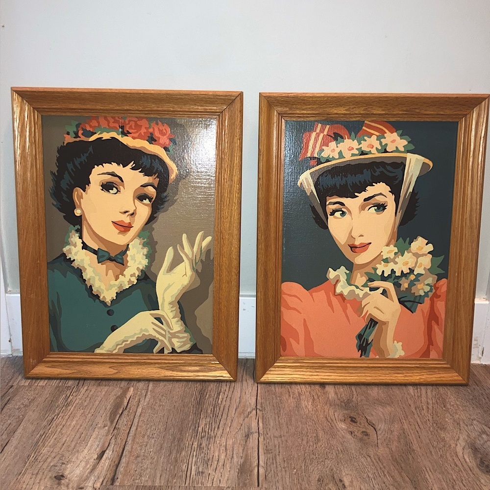 Vtg 1950’s Mid Century PBN Paint By Number Parisian Woman Coquette Paintings x2